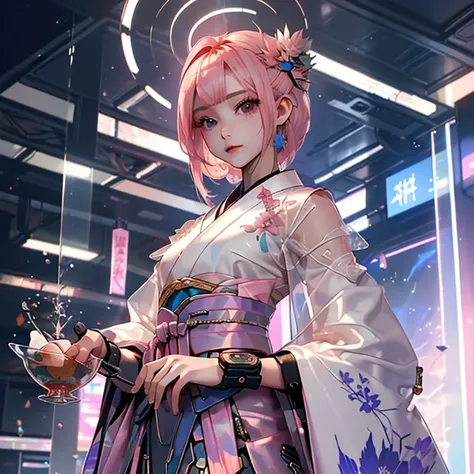 (( top quality )), ((傑 top quality 、masterpiece、High sensitivity、   High Definition   、  detailed description  、 Delicate face )), Slender Woman、glass、  New Year、 Mini skirt kimono 、  cyberpunk、 Hair Color Pink 、
