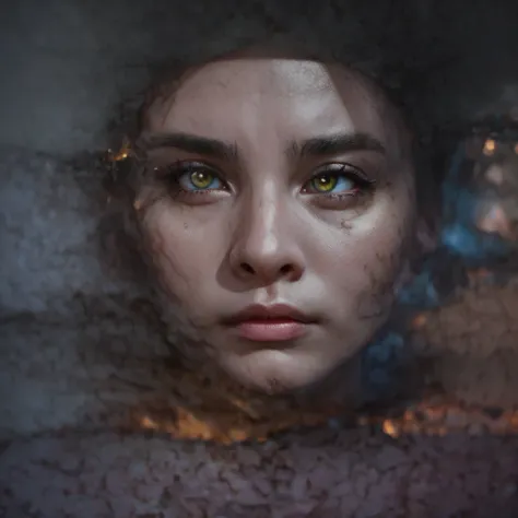  Portrait of a woman up close , beautiful face and eyes, fire in the background,  fire illuminating her face and in the reflection, muffled and dark 