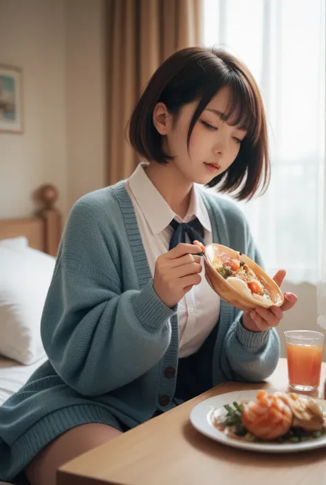  One side is slightly taller ， Japanese， bob hair，Date， enjoying a meal， dress that the bed is close to the person wearing the ， is wearing a cardigan