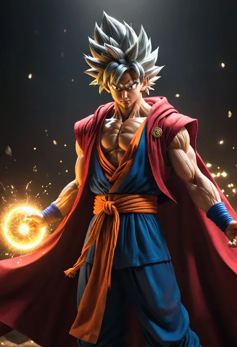 goku,super saiyan,energy aura,magical transformation,red cloak,golden bells hover all around him,wild energy,cinematic lighting,dramatic atmosphere,epic scale,hyper detailed,extremely realistic,photorealistic,4k,8k,ultra-detailed,sharp focus,high resolutio...