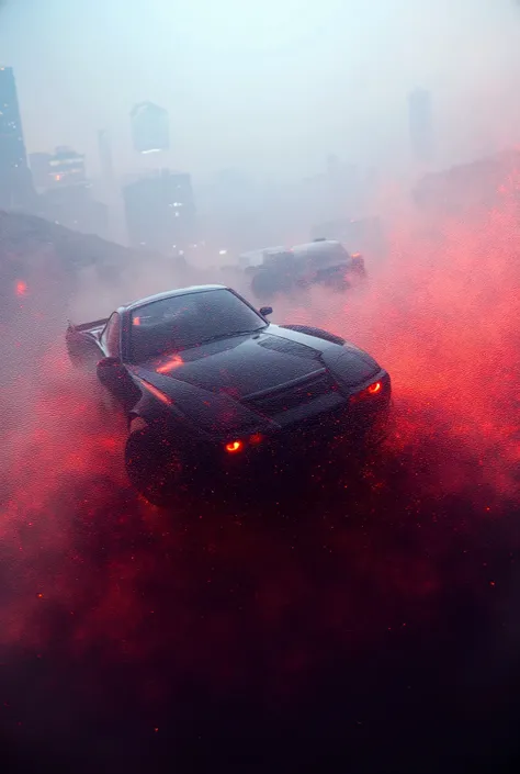 A drift car on the side ,  it is black with red headlights with red sparks coming out of the tires,  the car is at the top of a hill with a city in the background 