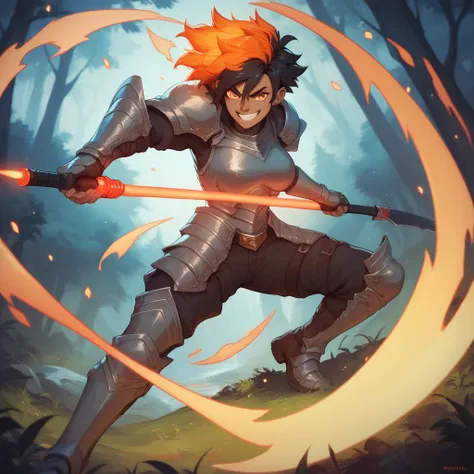 Grey-skinned woman with messy black hair and glowing orange eyes, wearing light, black, orange-accented, armour. Wielding an orange laser scythe with a soft grin in a menacing fighting stance at night in a forest.