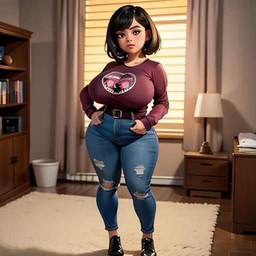 Dark nightmarish movie style, a petite cute shy innocent slightly chubby with monstously huge fat size breasts nerdy emo teen, short volumetric hair, beautiful detailed brown eyes, cutely detailed lips, super cute highly detailed eyes and face, round shape...