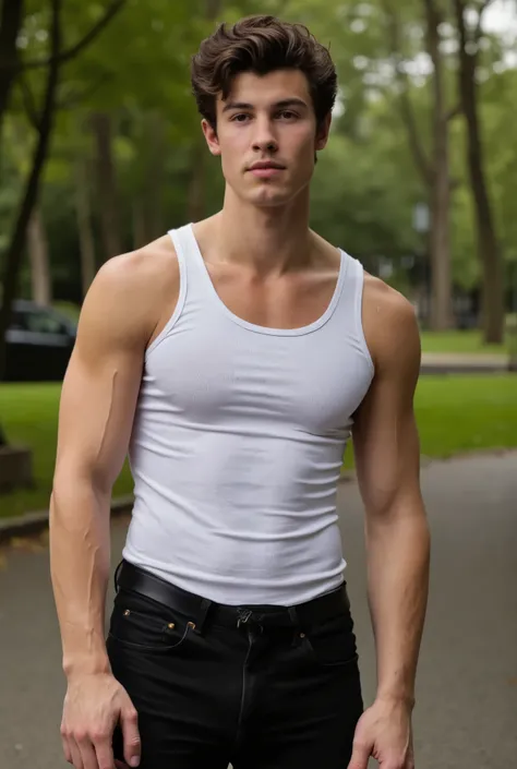 Shawn Mendes, captured posing in a Barcelona park, wearing a tight fitted white tank top, and black pants, soft natural lighting, cinematic and moody, (best quality,4k,8k,highres,masterpiece:1.2),ultra-detailed,(realistic,photorealistic,photo-realistic:1.3...