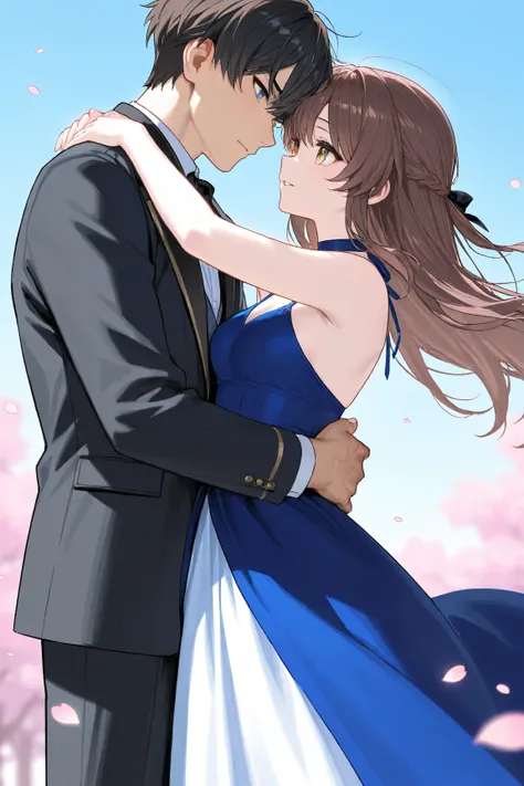 A boy that is tall white skinned with Black hair and cold blue sky eyes, hes handsome but bad tempered wearing black stunning clothes with a girl that is beautiful white skinned Brown hair shinny golden eyes and a pretty blue dress. Cherry blossom petals a...