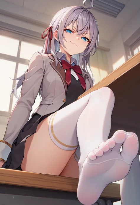 score_9, score_8_up, score_7_up, source_anime, 1girl, alya, grey hair, long hair, ahoge, hair ribbon, blue eyes, school uniform, bowtie, black skirt, white thighhighs, sitting, on table, foot focus, smug face, looking at viewer, from below, classroom 