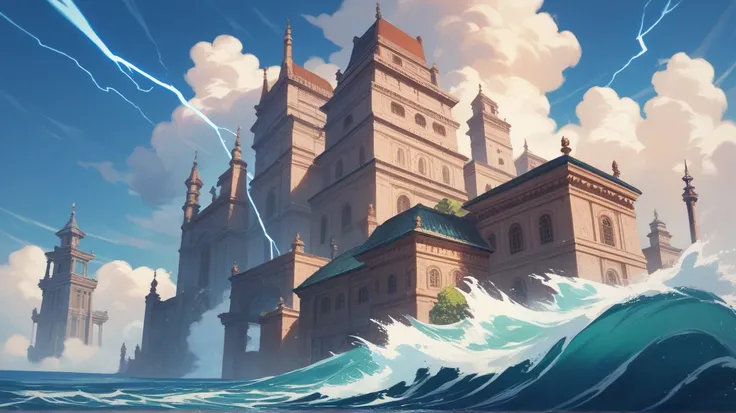 An anime depiction of the Mola Tower standing defiantly against a stormy sky. Lightning streaks across the scene, highlighting the intricate stonework of the ancient walls, while turbulent waves crash against the shore.