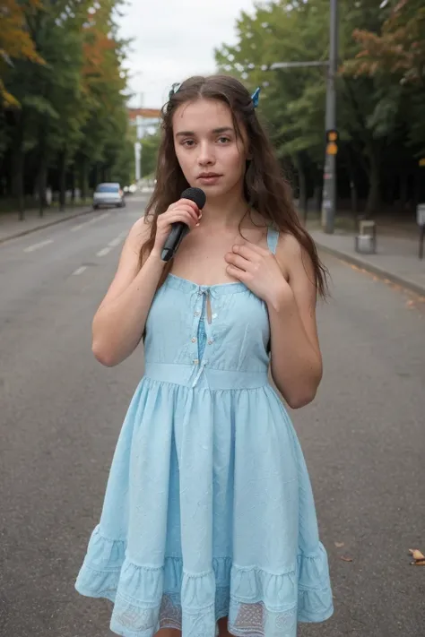 A portrait of the young girl from Karelia in a long summer blue dress in the style of the 90s in front of a microphone stand with Shure mic in her hands on the autumn stage in the street, f/1.8, 135mm, Nikon, UHD, retina, masterpiece, ccurate, anatomically...