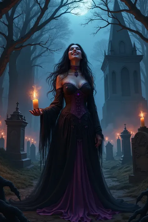 Gothic cemetery at night, with candles, a gothic woman in black and purple clothes, laughing