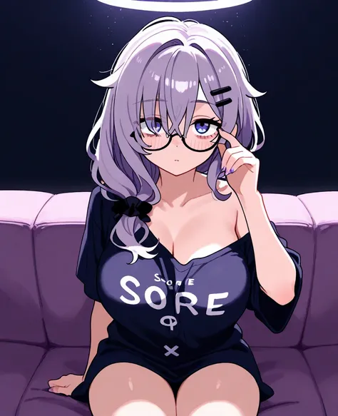 Dull purple wavy hair, loose ponytail tied from the side, hairclip, glasses, small scar under eye, cyan and violet eyes, heavy eye bags under eyes, bored/blushing expression, Big breast, loose oversized shirt showing chest and over shoulder, sitting on cou...