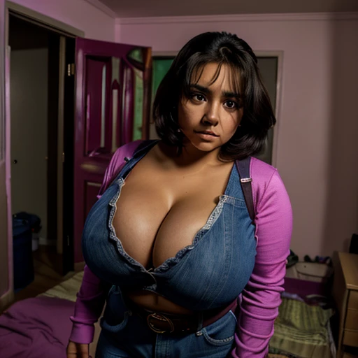 Dark nightmarish movie style, a petite cute shy innocent slightly chubby with monstously huge fat size breasts Mexican emo teen, short volumetric hair, beautiful detailed brown eyes, cutely detailed lips, super cute highly detailed eyes and face, round sha...