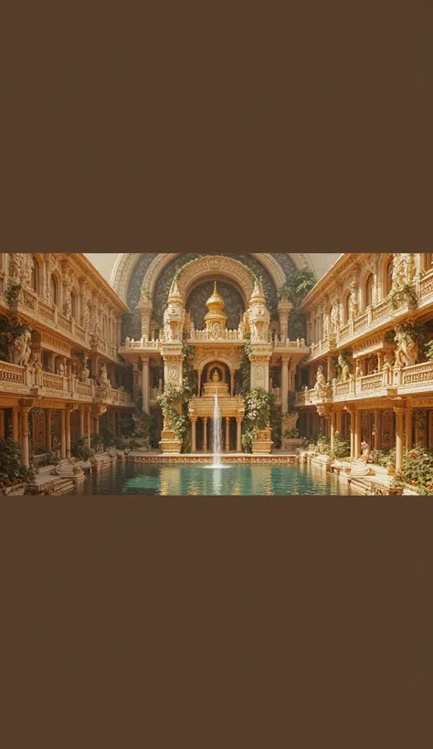 Create a grand, hyper-realistic painting capturing a majestic hall within an ancient Indian palace. The hall features many multi-layered attic pool connected to various waterfalls, with towering gopurams and intricate sandstone carvings of deities, waterfa...