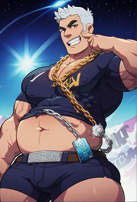 Badass cartoon anime character animated ((black guy in a dark space world)), 4 page comic book, different face expressions, wearing baggy clothes with a gold chain around his neck. tall and bulky, Dense muscles, big belly, fluffy hairstyle, 2d anime charac...