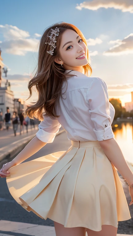 ((Highest quality, Ultra-high resolution、The most complex and detailed depiction))1 female student、High School Uniform,White shirt,Ribbon on chest,Navy Skirt、Cowboy Shot、Hair swaying in the wind、Recreating the perfect details of Madrid、romantic madrid suns...