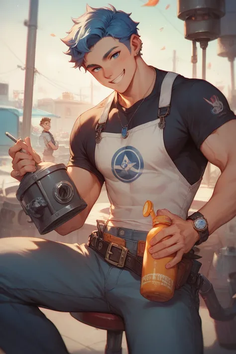 Smiling mechanic boy filled with engine oil