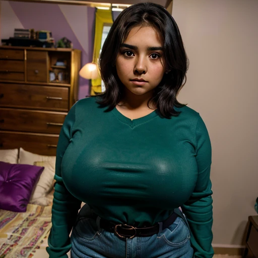 Dark nightmarish movie style, a petite cute shy innocent slightly chubby with monstously huge fat size breasts Mexican nerdy emo teen, short volumetric hair, beautiful detailed brown eyes, cutely detailed lips, super cute highly detailed eyes and face, rou...