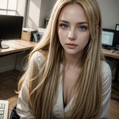 a beautiful girl with long blonde hair, detailed eyes, nose, and lips, wearing  professional outfit, siting in her office, using her computer, hp comuter (best quality,4k,8k,highres,masterpiece:1.2),ultra-detailed,(realistic,photorealistic,photo-realistic:...