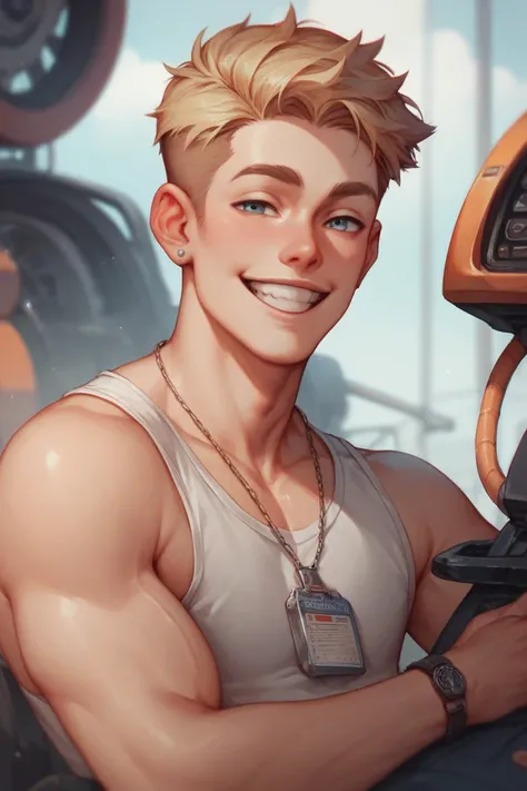 Smiling mechanic boy with engine oil stains, with a skinny body