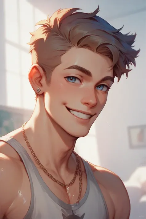 Smiling mechanic boy with engine oil stains, with a skinny body