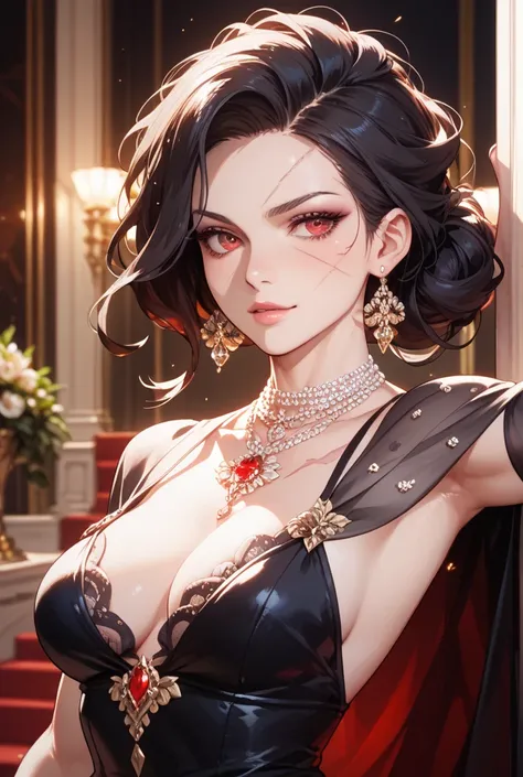 Girl with long dark hair color  ,red eyes pale skin elegant medium breasts medium hips with big dress wicked with evil blood magic big scars on the skin burn scars dark dress elegant muscular  