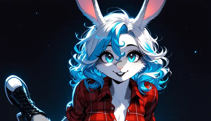 core_9,score_8_up,score_7_up, source_furry, ( bunny, Anthro furry bunny girl, adult female, ) ,a beautiful anthropomorphic white bunny woman, she has long black curly hair, with blue highlights,at the end,  blue sparkling eyes, she is wearing sparkling seq...