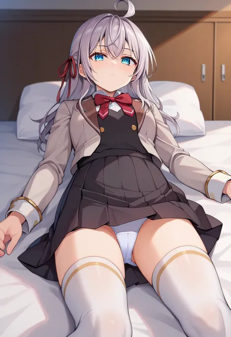 score_9, score_8_up, score_7_up, source_anime, 1girl, alya, grey hair, long hair, ahoge, hair ribbon, blue eyes, school uniform, bowtie, black skirt, white thighhighs, lying on bed, black laofers, :o, looking at viewer, from below, hotel room, show panties...