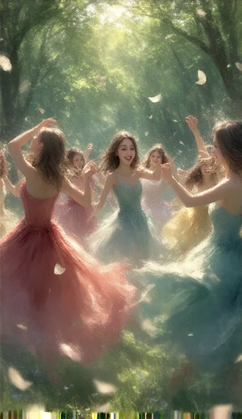 A group of girls in colorful, unique dresses dancing and laughing together, surrounded by blooming nature.