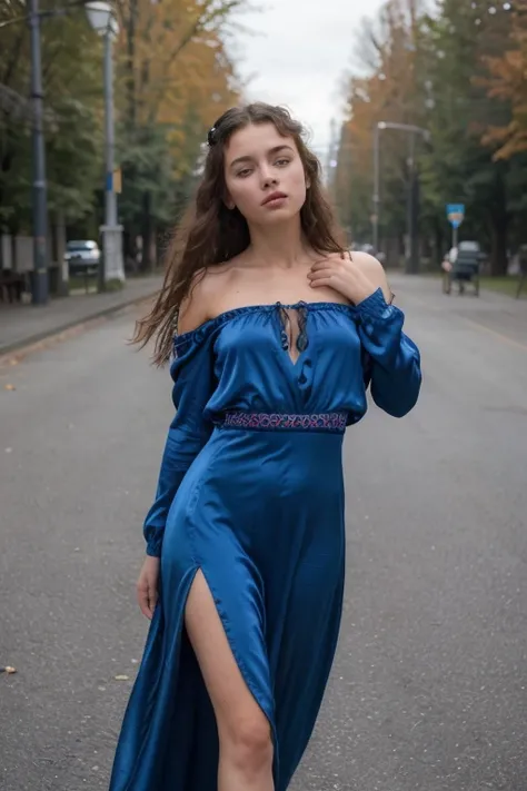 A portrait of the young girl from Karelia in the strong blue silk long dress in the style of the 80s in front of a microphone stand with Shure mic in her hands on the autumn stage in the street, f/1.8, 135mm, Nikon, UHD, retina, masterpiece, ccurate, anato...