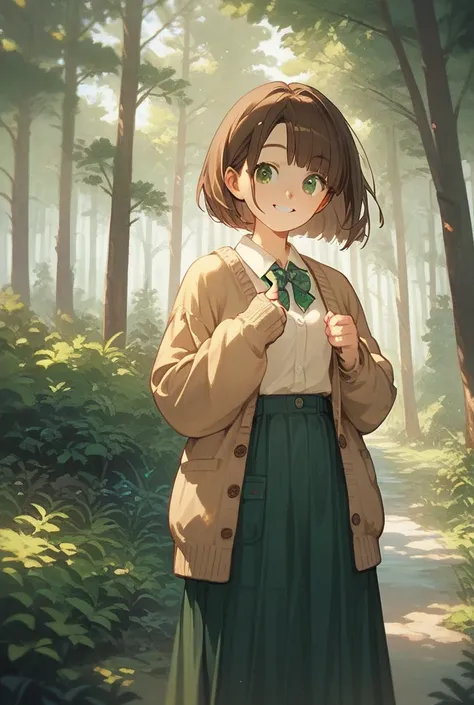 masterpiece, best quality, ultra detailed, a girl, smiling, standing, looking at viewer, bob cut, brown hair, green eyes, cardigan, long skirt,in the forest, in the afternoon, cute, kawaii, anime