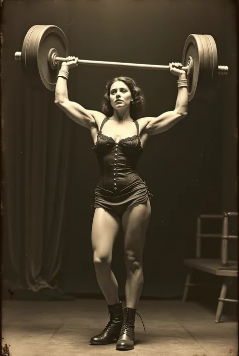 old picture, film grain. 1girl, tallest and strongest woman in the world. vintage stockings with garter, beautiful, very muscular woman, female bodybuilder like. big breast, sexy cleavage, Big biceps, broad round shoulders, tiny waist, massive quads. She i...