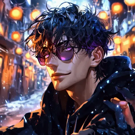 (solo), (1 male), (1 man), handsome men, (one man with black hair, purple eyes), short hair, messy hair, sunglasses,black oversized hoodie((masterpiece)), (dark background: 1.3), (stylish), dynamic angle, (detailed face, detailed eyes, proportional hands, ...