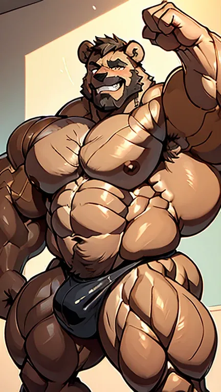 Big buff kodiak bear, enhanced pectoral size, round pectorals, bodybuilder, black g-string, black thong, powerful bodybuilder pose, flexing, big back muscles, large defined thighs, hyper glutes:3.0, hyper buttcheeks, ((Obese, fat, gut2:0))(bulky2:0, thick ...