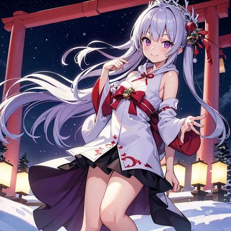 ((masterpiece)), ((best quality)), (ultra-detailed), Japanese shrine, Starry sky, snow effect, purple eyes, jewel-like eyes, silver hair, smile, santa costume, hoodie, girl, solo, flat chest, slim figure, perfect anatomy