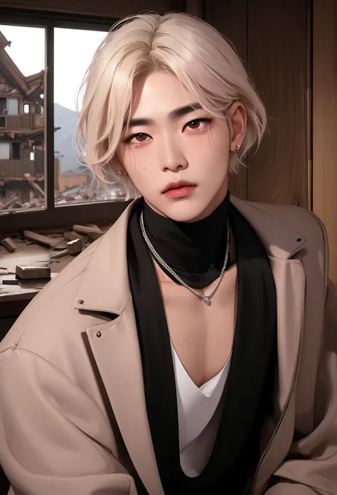  Korean man,  facial structure not very small,  long lashes,  short hair,  platinum hair , light pink lipstick, velvety lipstick texture ,  brown-eyed , high nose, wearing a black necklace, black jumps, With just a shabby jacket , with tears, One has hair ...