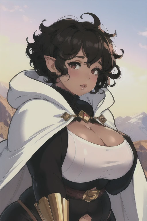 (Best quality), (high resolution), (detailed), 1woman, sketch, cute face, (thick lips), (curvy:1.2), (chubby:1.2), (black curly hair:1.2), (curly pixie cut:1.2), (white cloak), (chubby), 