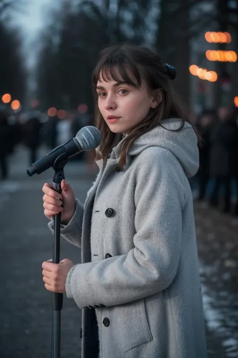 A portrait of the young girl from Karelia in a gray-blue topcoat of the 80s in front of a microphone stand with Shure mic in her hands on the autumn stage in the street, f/1.8, 135mm, Nikon, UHD, retina, masterpiece, ccurate, anatomically correct, textured...