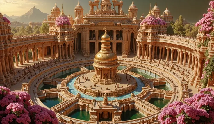 Create a grand, hyper-realistic painting capturing a majestic circular hall within an ancient Indian palace. The hall features many multi-layered attic pool connected to various waterfalls, with towering gopurams and intricate sandstone carvings of deities...