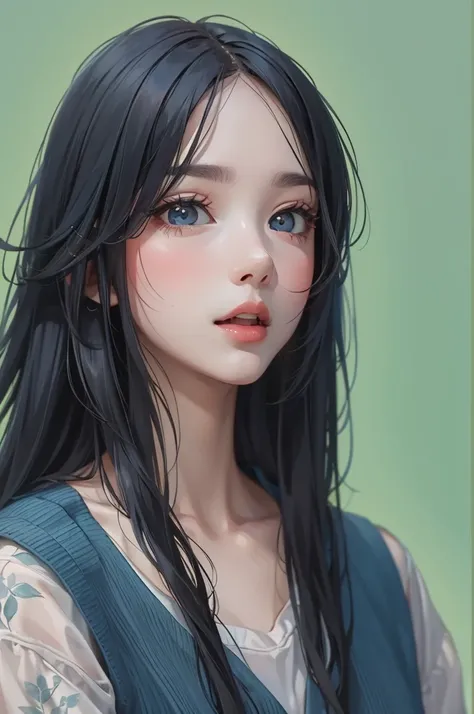  Hi-def images，female portrait_   face details, long black hair,  dark blue sweater with thin fabric,   amazing painting in high definition 。