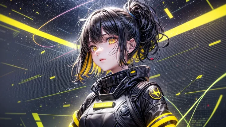 from future intelligence, technology background, complex mystery, unexpected variables, sudden result, strange things, transient waves, light fog, colorful signals, confident look, space black pioneer dress, yellow eyes, black hair