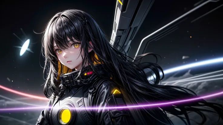 from future intelligence, technology background, complex mystery, unexpected variables, sudden result, strange things, transient waves, light fog, colorful signals, confident look, space black pioneer dress, yellow eyes, black hair