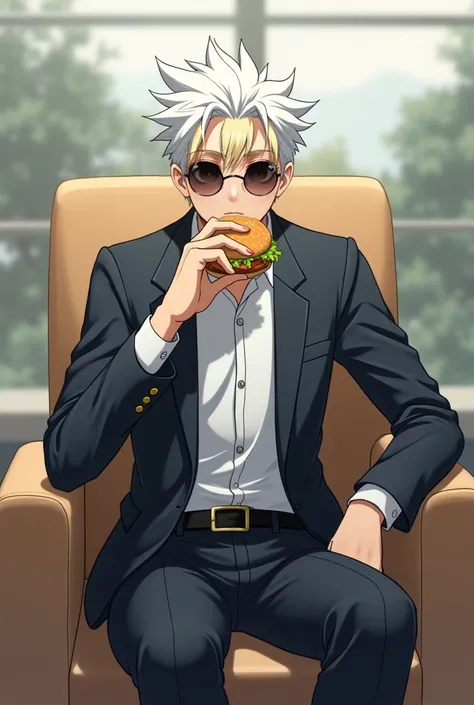 gojo(jujutsu kaisen,movie),high-school uniform,white hair,circle-sunglasses,full body sit on chair eating burger 