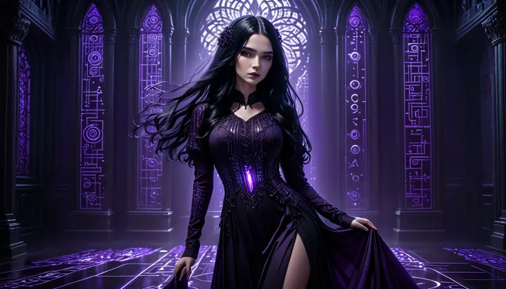 a gothic long black-haired girl, dark fantasy, black dress, glowing binary codes, digital art, moody purple color, interesting poses, highly detailed, photorealistic, 8k, HDR, cinematic lighting, dramatic shadows, intricate details, elegant, mesmerizing, c...