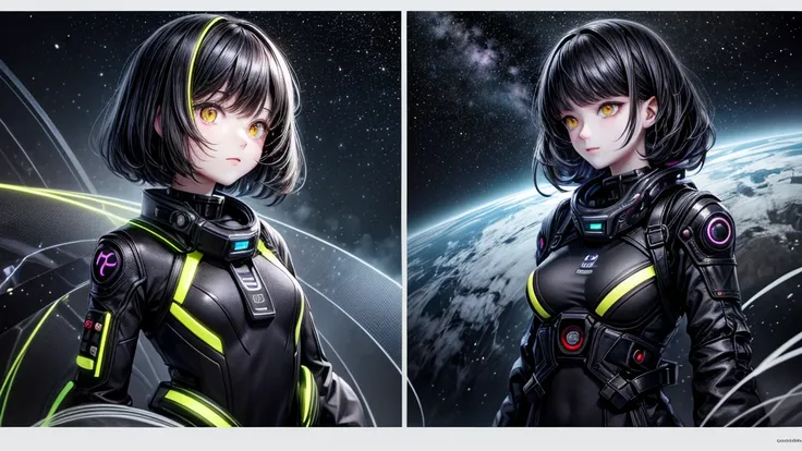 from future intelligence, technology background, complex mystery, unexpected variables, sudden result, strange things, transient waves, light fog, colorful signals, confident look, space black pioneer dress, yellow eyes, black hair