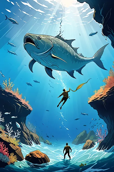 Underneath a huge sea there is a man falling into the depths and just behind a huge prehistoric fish 