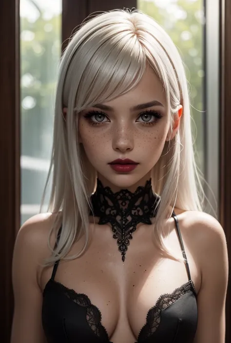 White haired girl, with bangs, dark brown eyes, dark makeup, freckles, lipstick,1 girl1, Solo, High resolution,Bangs, Jewel, Glitter, POV, Masterpiece, Accurate, Anatomically correct, Best quality, Detail, HD Model, High Details, High Quality, Quality, Sup...