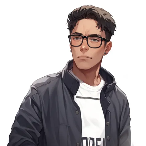 A young man with a lean build, light brown skin tone, and short, slightly wavy black hair. He wears rectangular black-framed glasses and small stud earrings on both ears. His face has a defined jawline, prominent cheekbones, and a neutral expression, looki...