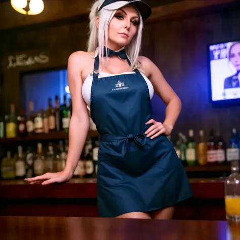 Create an artwork a young women JessicaNigri standing behind a bar counter. The perspective is frontal, with her aligned with the viewer, creating a direct connection. The counter forms a horizontal line, dividing the canvas, with bottles and glasses in th...