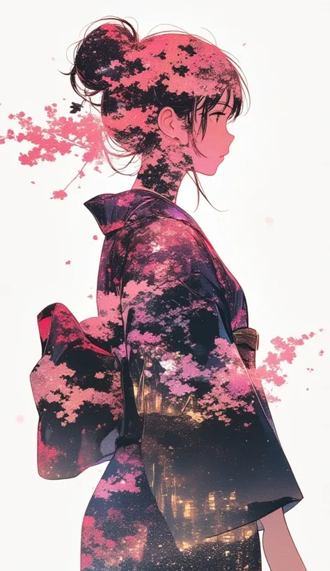  double exposure . Silhouette of a woman wearing a yukata.  Japanese scenic cherry blossom forest background in female silhouette.