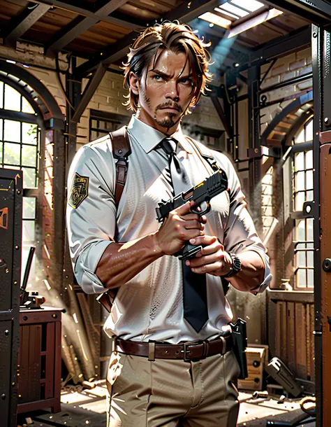 Masterpiece, Best Quality, High Resolution, highly detailed, professional, 8k, 1male, male focus, (white suit t-shirt), sleeves rolled up, black necktie, (shoulder holster:1.2), brown slacks, black dress shoes, (1weapon, using pistol with one hand, TTI Pit...