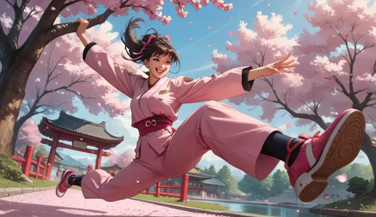 a 90s anime ova scene with an anime girl protagonist smiling jumping legs
up in an action pose with pink explosions and cherry blossoms in the
background.